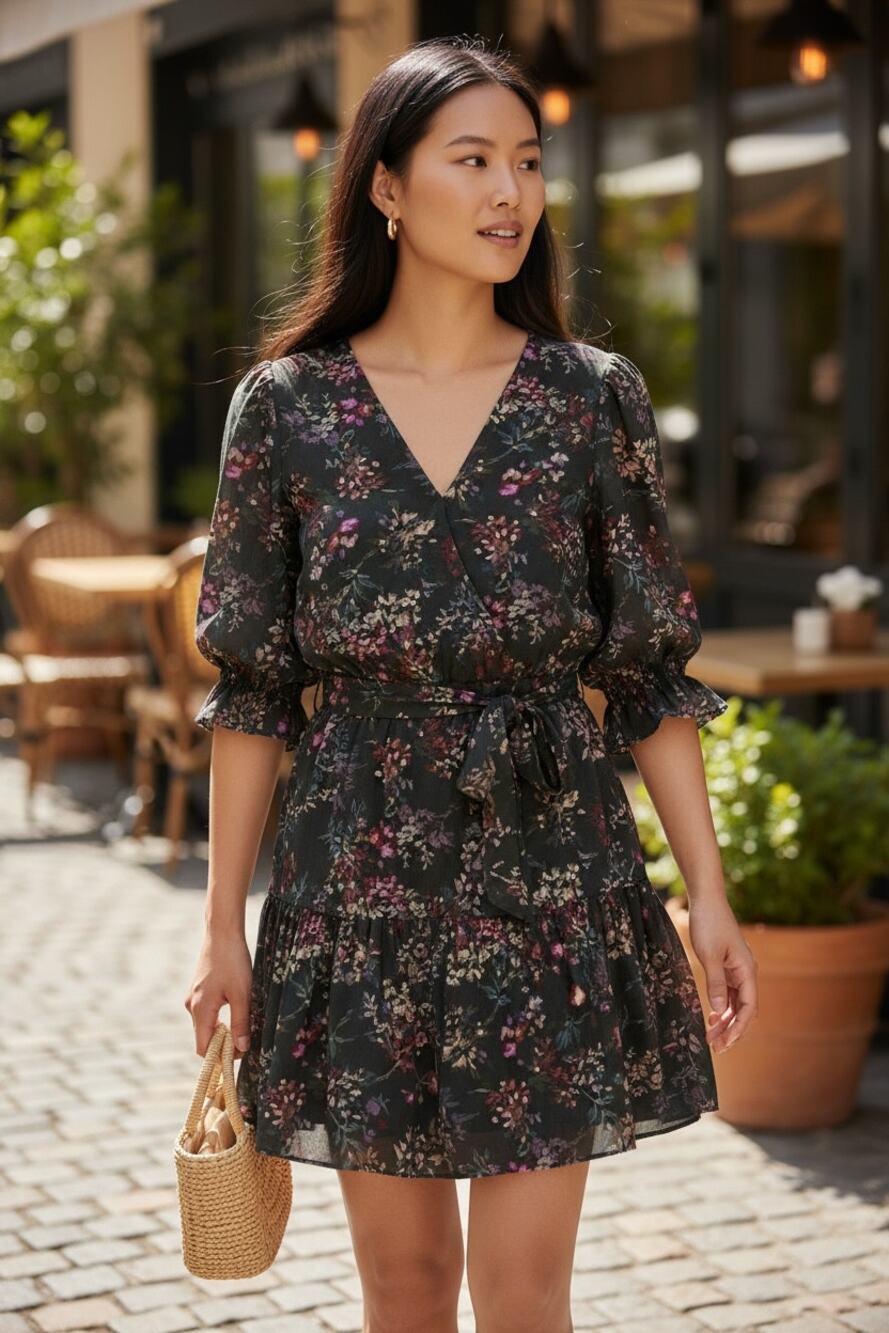 Halogen Floral V Neck Dress 1X Dark Moody Print 1/2 Sleeve NWOT Boho Casual Chic